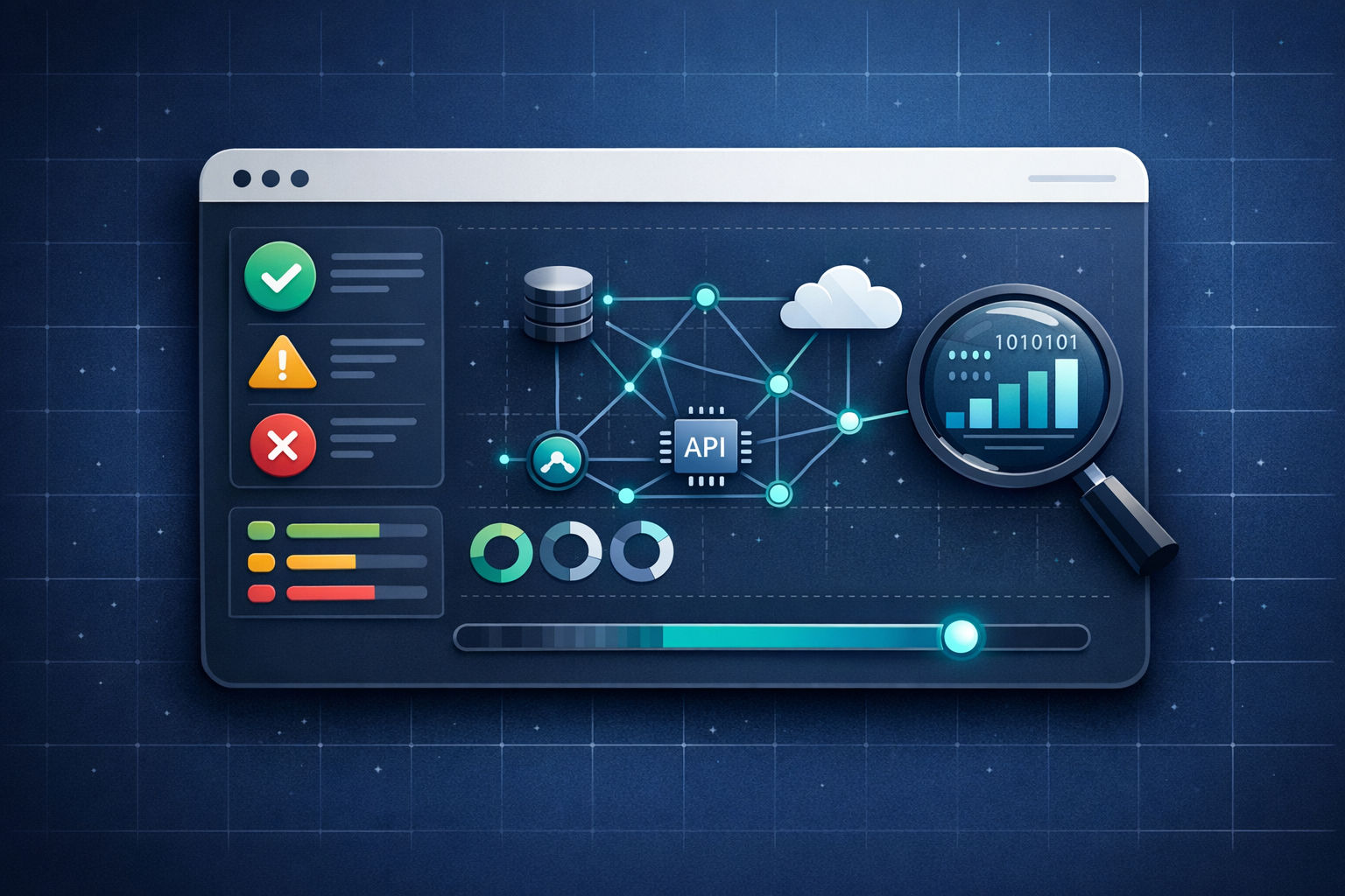 AI readiness assessment dashboard showing systems audit results, data quality indicators, integration nodes, and progress metrics on a dark background