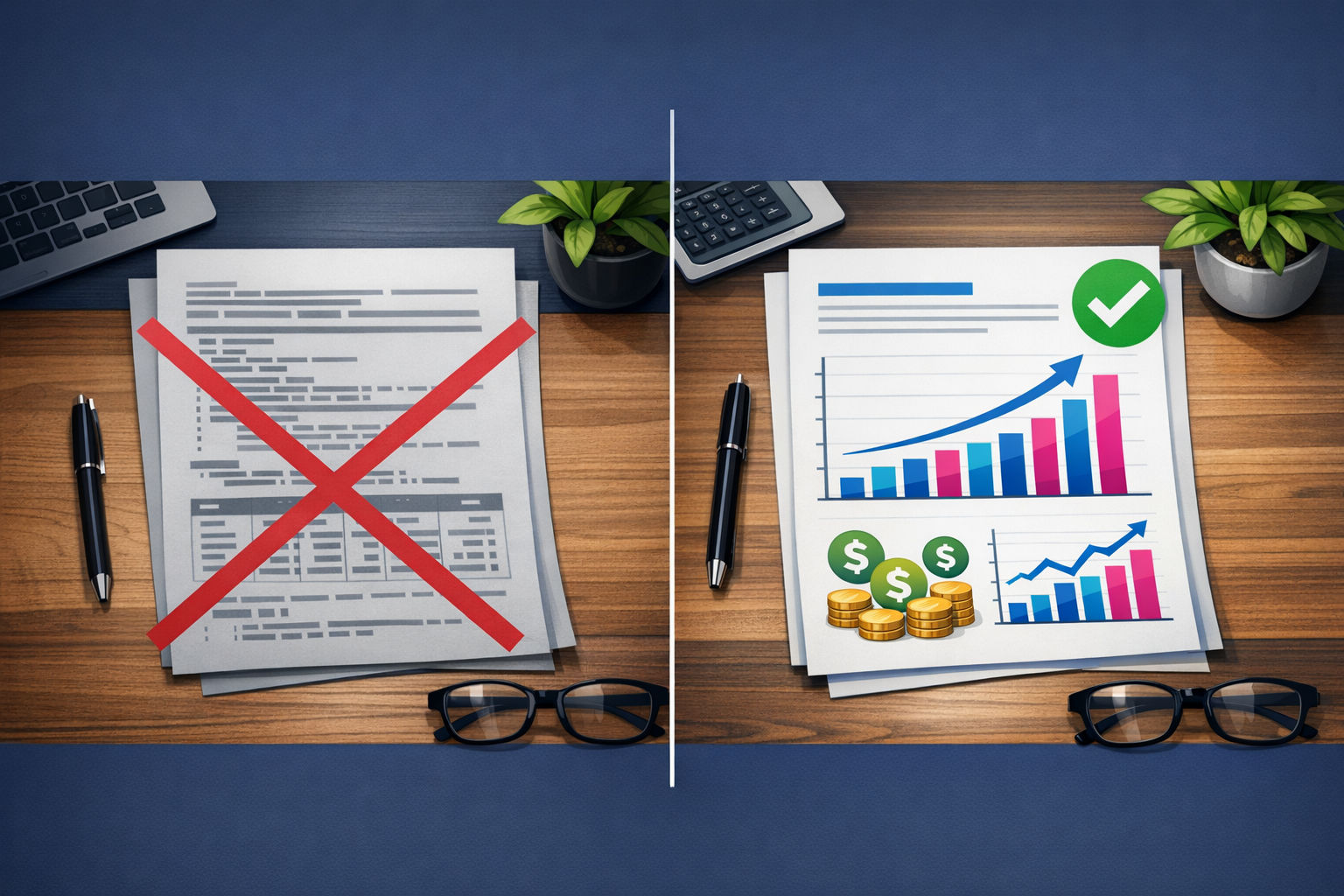 Comparison of outputs-focused versus outcomes-focused AI consulting case studies, showing a rejected technical document on the left and an approved results-driven document on the right