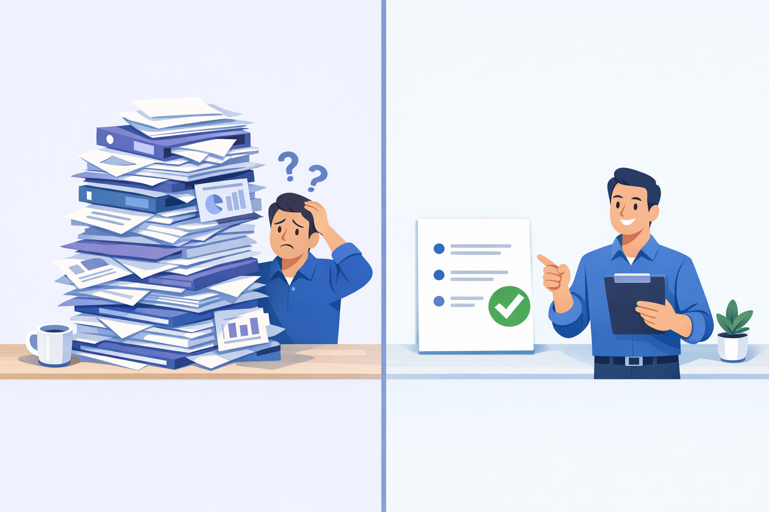 Comparison illustration showing over-delivery with a confused client buried in documents versus right-delivery with a confident client holding a clear action plan