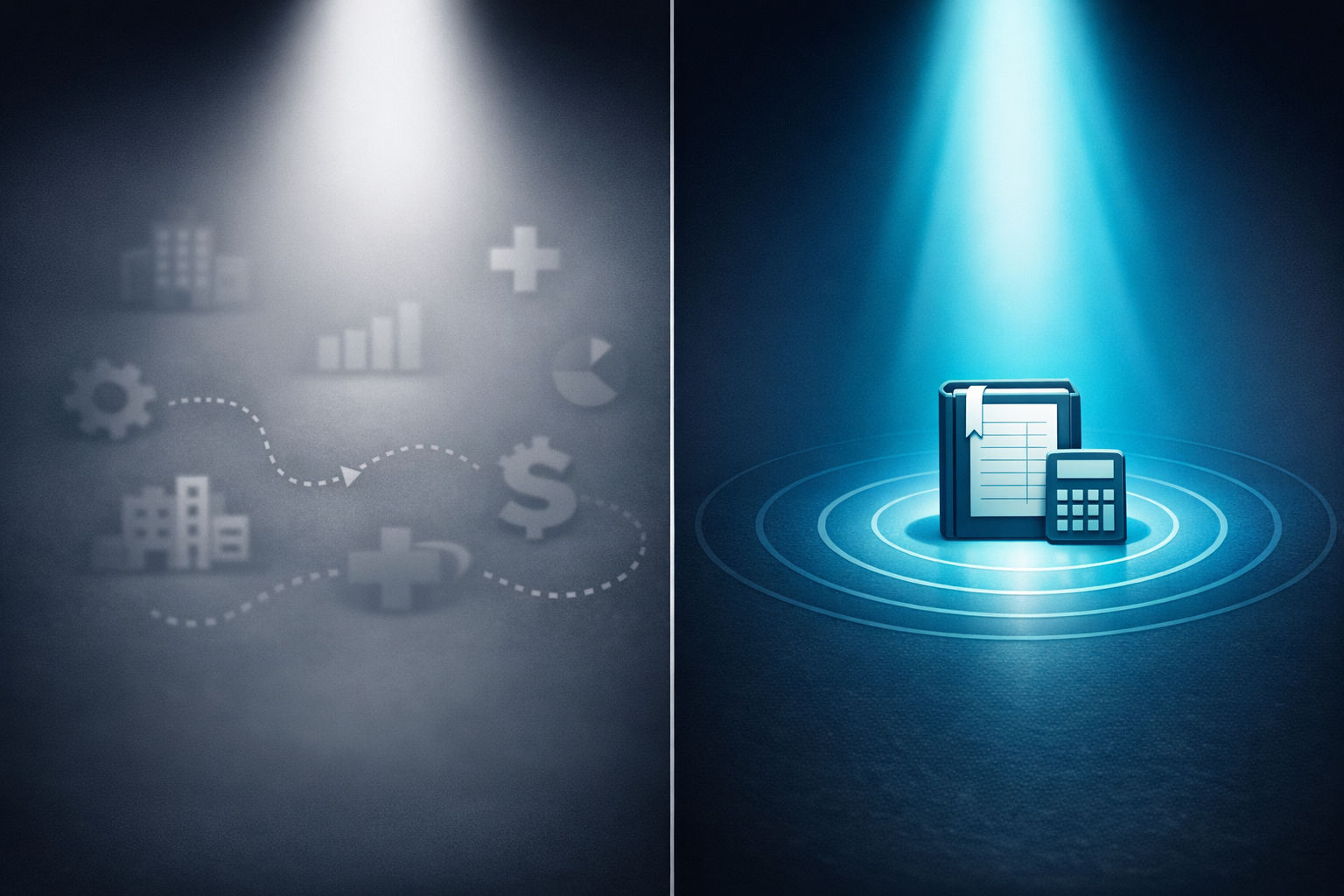 Split comparison showing scattered unfocused icons representing generalist positioning versus a single sharp focused icon representing specialist niche positioning in AI consulting