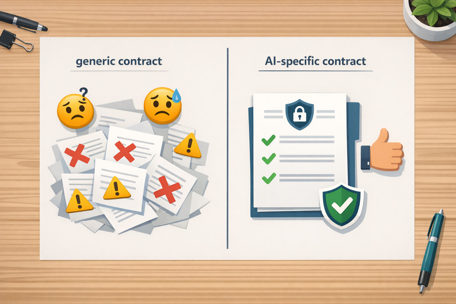 Comparison illustration showing the risks of generic consulting contracts versus the protection of AI-specific contract clauses