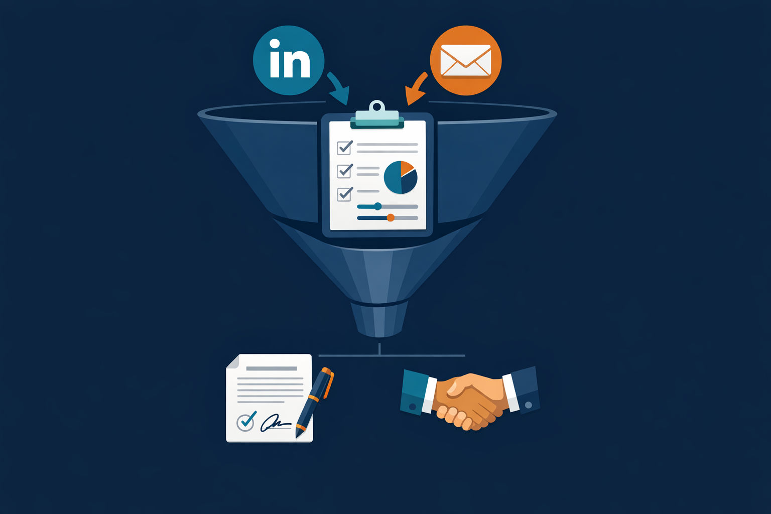 AI consulting sales funnel showing LinkedIn and email outreach flowing into a diagnostic assessment, then converting to signed engagements