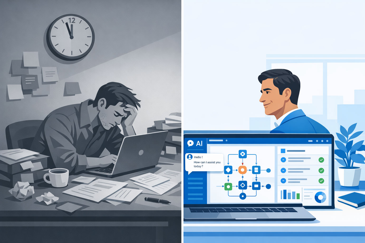 Split illustration comparing an overwhelmed consultant working late without AI tools on the left, versus a confident, organized consultant using AI-powered dashboards and workflow automation on the right