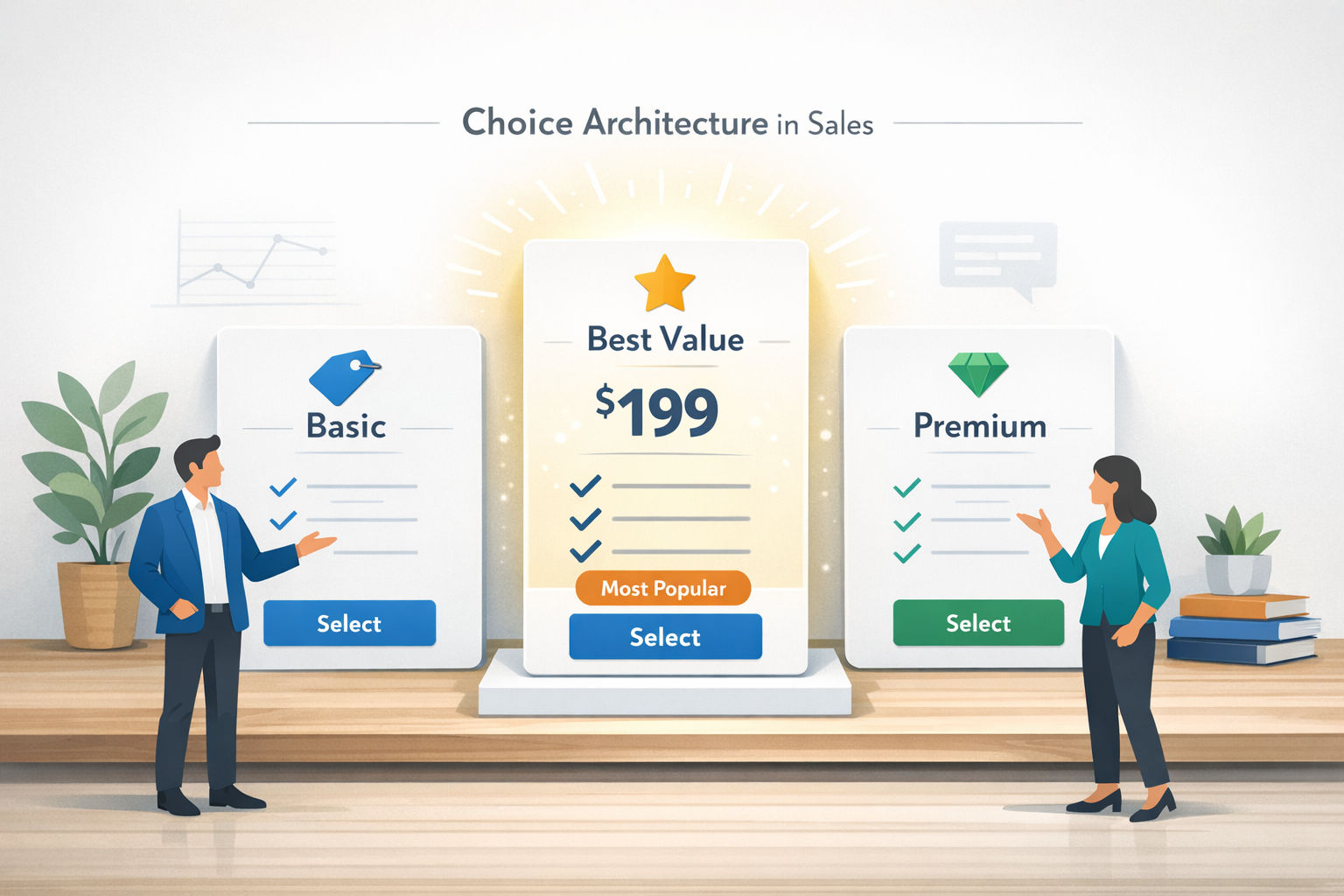 Three tiered service packages represented as product cards with the middle option highlighted, illustrating the compromise effect in pricing psychology