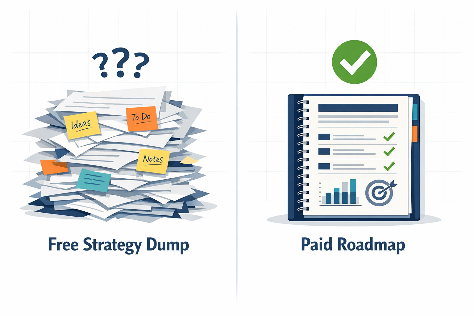 Side-by-side comparison illustration showing a messy pile of papers representing a free strategy dump versus a clean, organized document representing a paid AI implementation roadmap