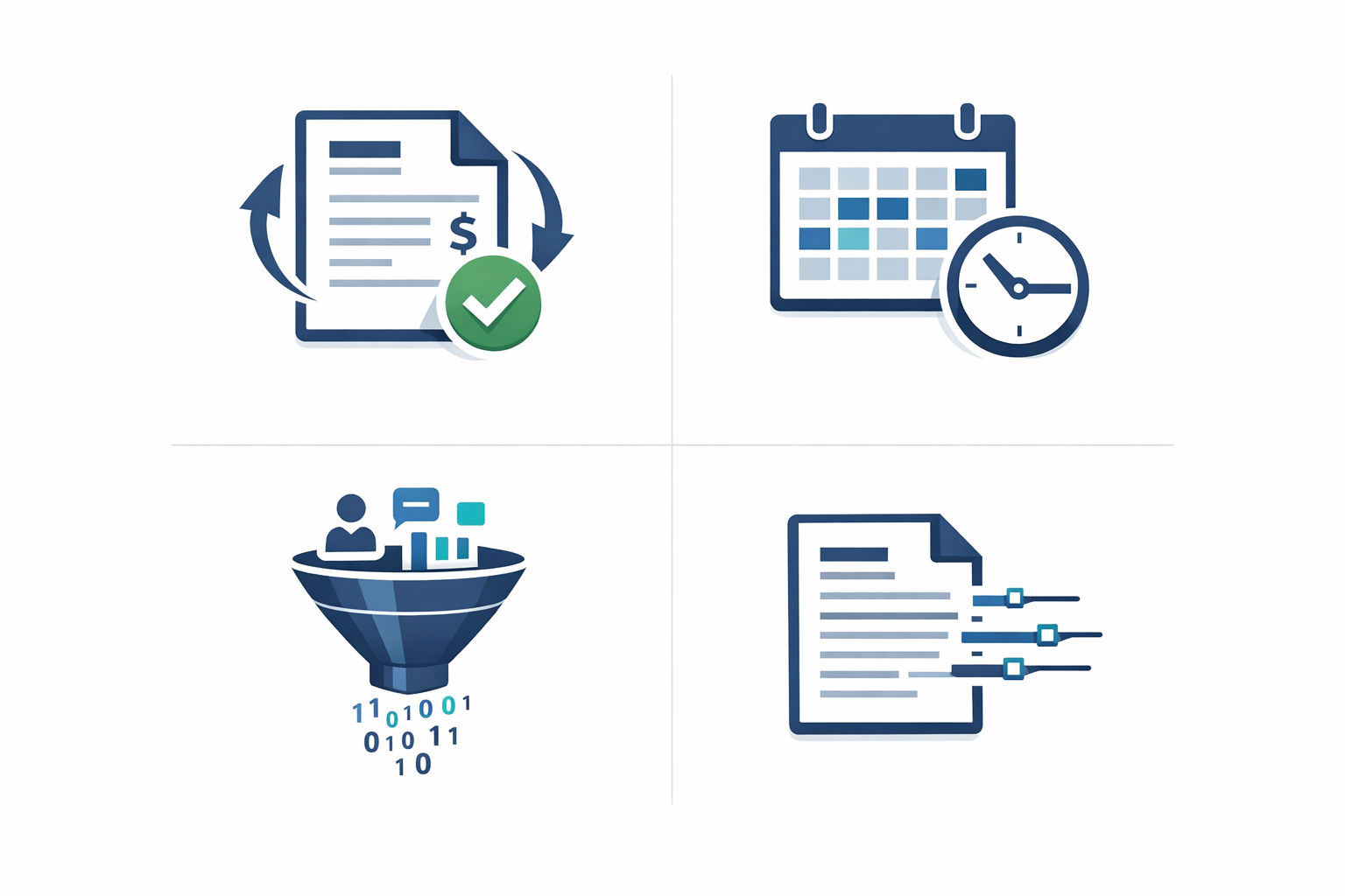 Four icons representing the top-selling AI workflow automation use cases for SMBs: invoice processing, appointment scheduling, lead qualification, and data extraction