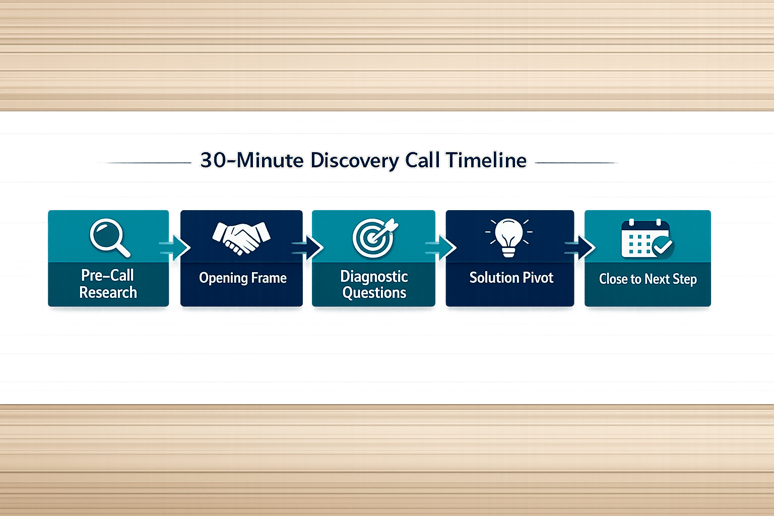 Discovery call framework showing five phases: Pre-Call Research, Opening Frame, Diagnostic Questions, Solution Pivot, and Close to Next Step, displayed as a connected timeline with icons
