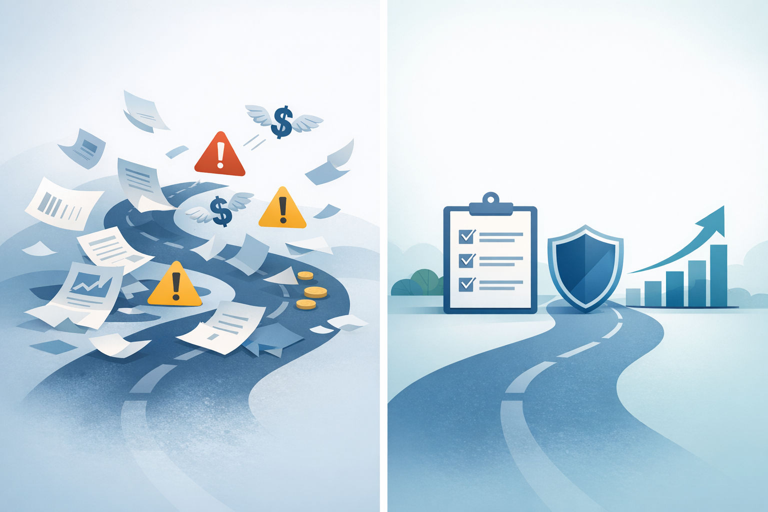 Comparison illustration showing two paths: a chaotic ungoverned AI deployment with scattered documents and warning signs versus an organized governed path with checklists, shield icons, and growth indicators