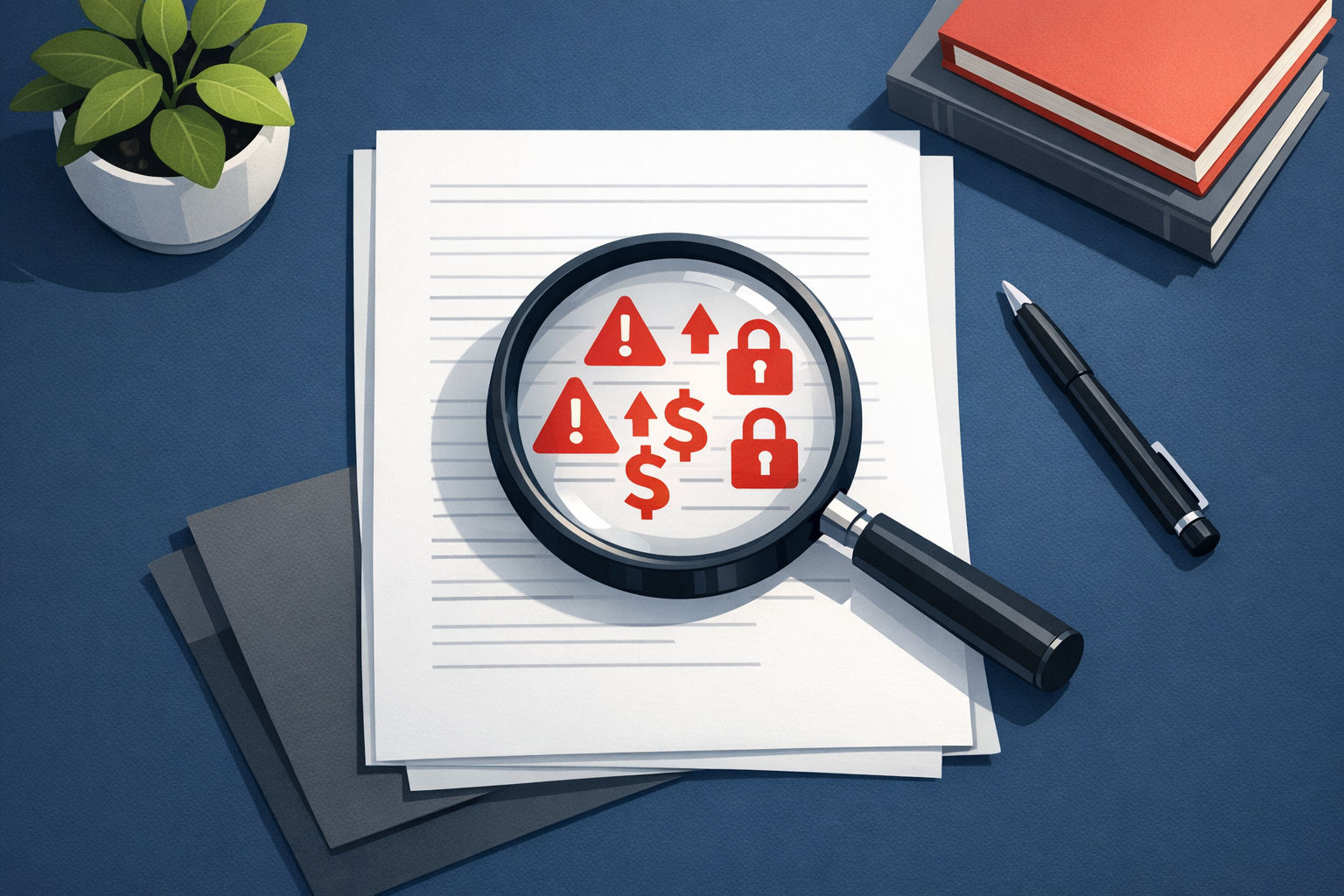 Illustration of a magnifying glass revealing hidden red flags in a vendor contract — warning symbols, price increase arrows, and lock icons