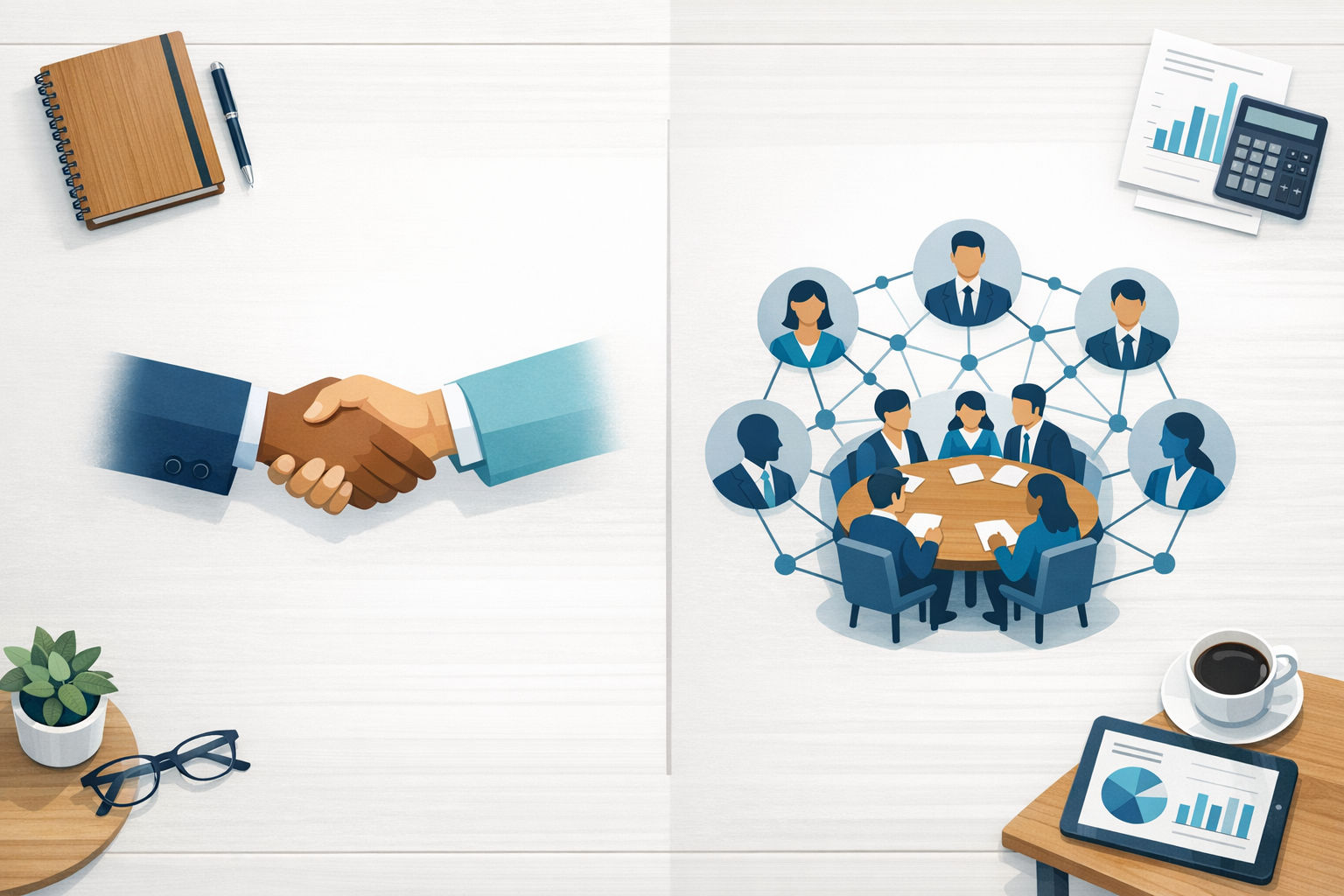 Illustration comparing simple SMB single-stakeholder selling versus complex mid-market multi-stakeholder buying committees