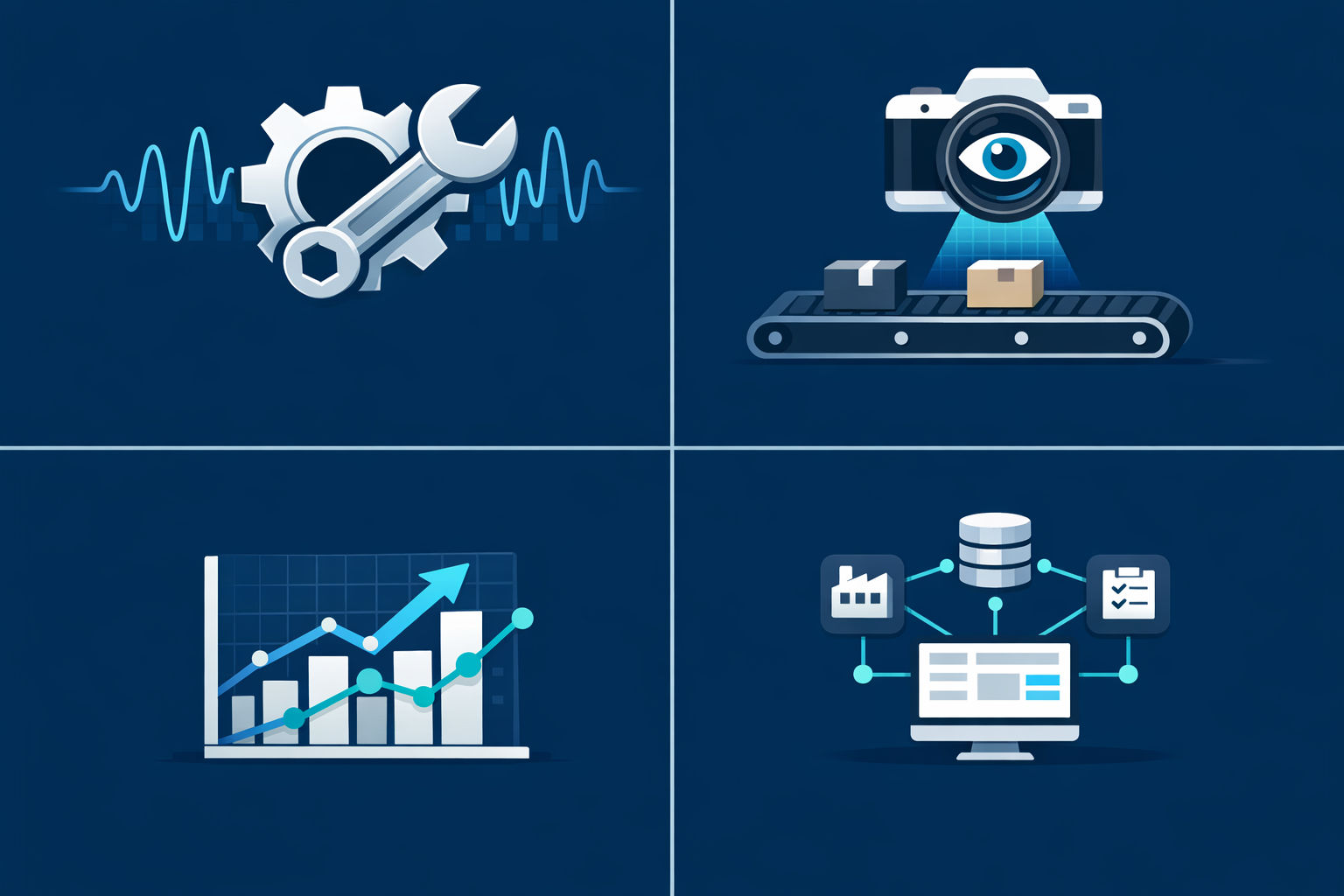 Four key AI use cases for manufacturing: predictive maintenance, visual quality inspection, demand forecasting, and ERP integration shown in a clean 2x2 grid layout