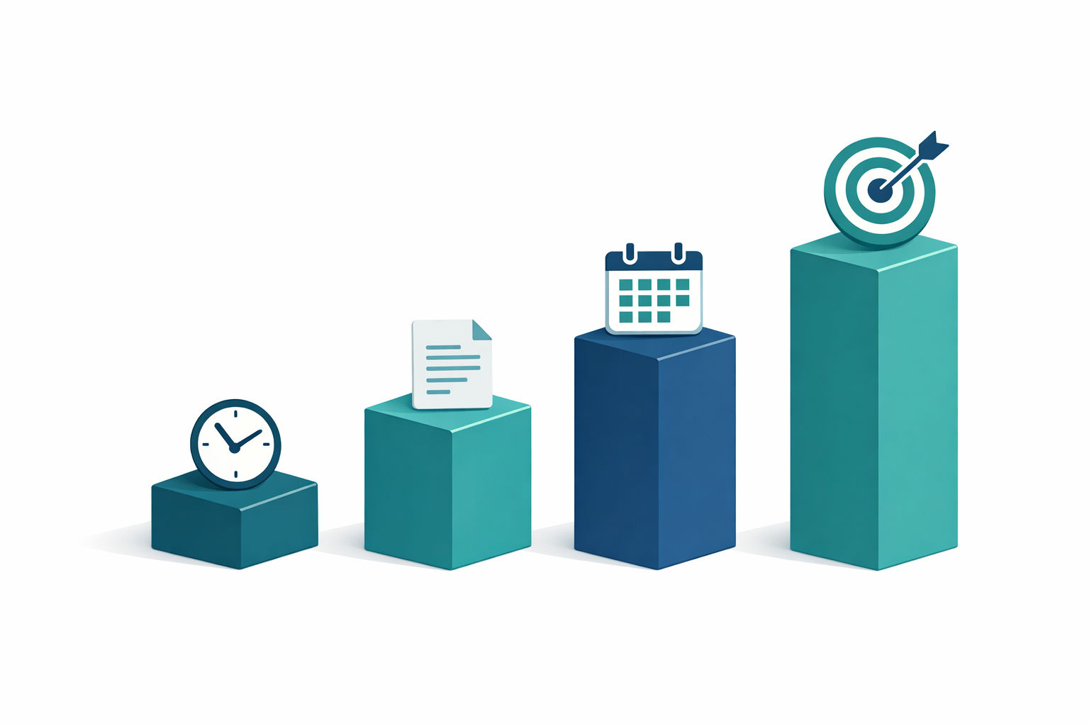 Illustration showing four ascending AI consulting pricing models from hourly to outcome-based, with each model represented by progressively larger blocks in teal and navy