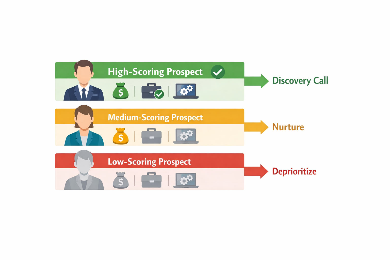 Three-tier prospect scoring visualization showing different engagement strategies for high-scoring (green), mid-scoring (amber), and low-scoring (red) AI consulting prospects