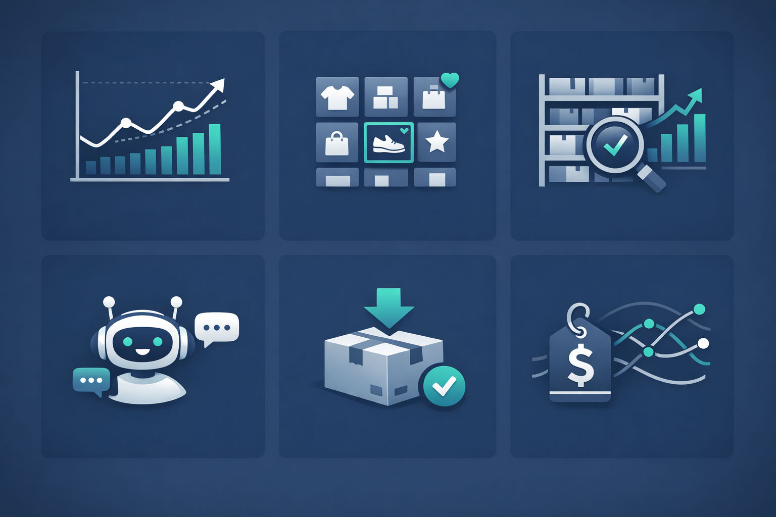 Six AI use cases for retail consulting: demand forecasting, personalization, inventory optimization, customer support automation, returns reduction, and dynamic pricing
