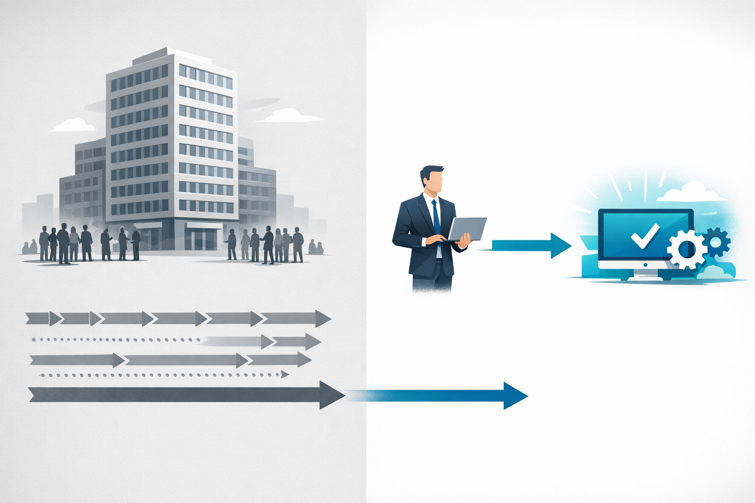 Visual comparison showing a large corporate building with complex pathways and long timelines on the left versus a single professional with a direct, short path to a deployed solution on the right — illustrating the speed advantage of independent AI consultants