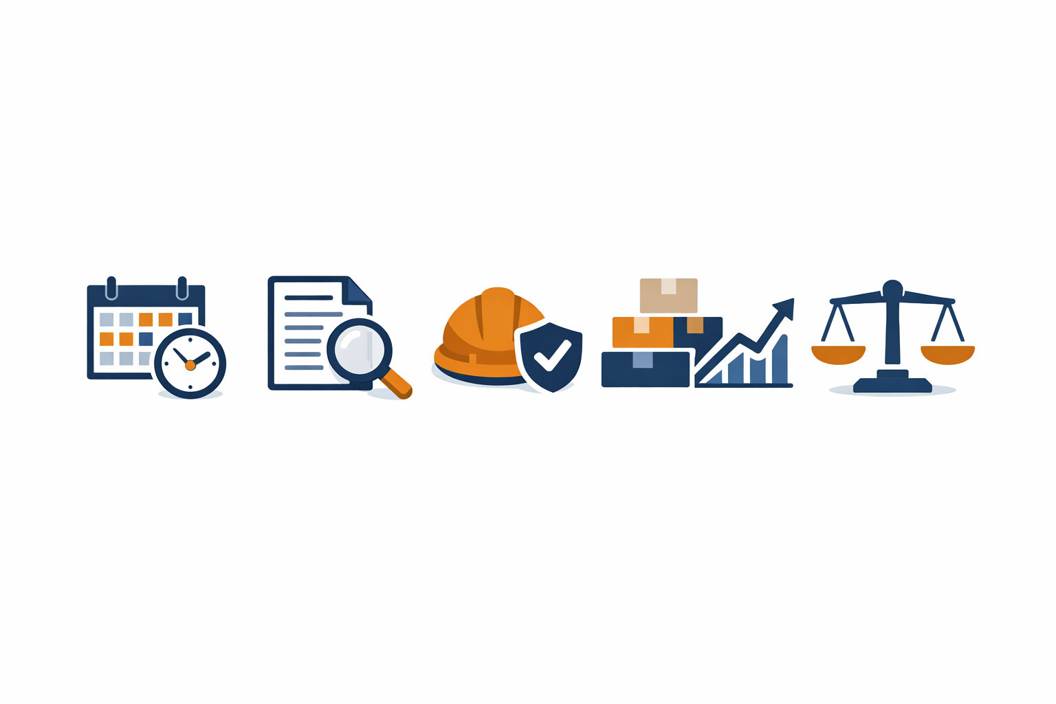 Five AI use cases for construction companies: schedule prediction, document automation, safety analytics, materials forecasting, and bid analysis — illustrated as flat-design icons