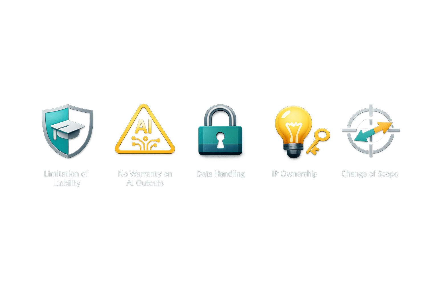 Five essential AI consulting contract clauses: limitation of liability, no-warranty on AI outputs, data handling and indemnification, IP ownership, and change-of-scope triggers — shown as professional icons