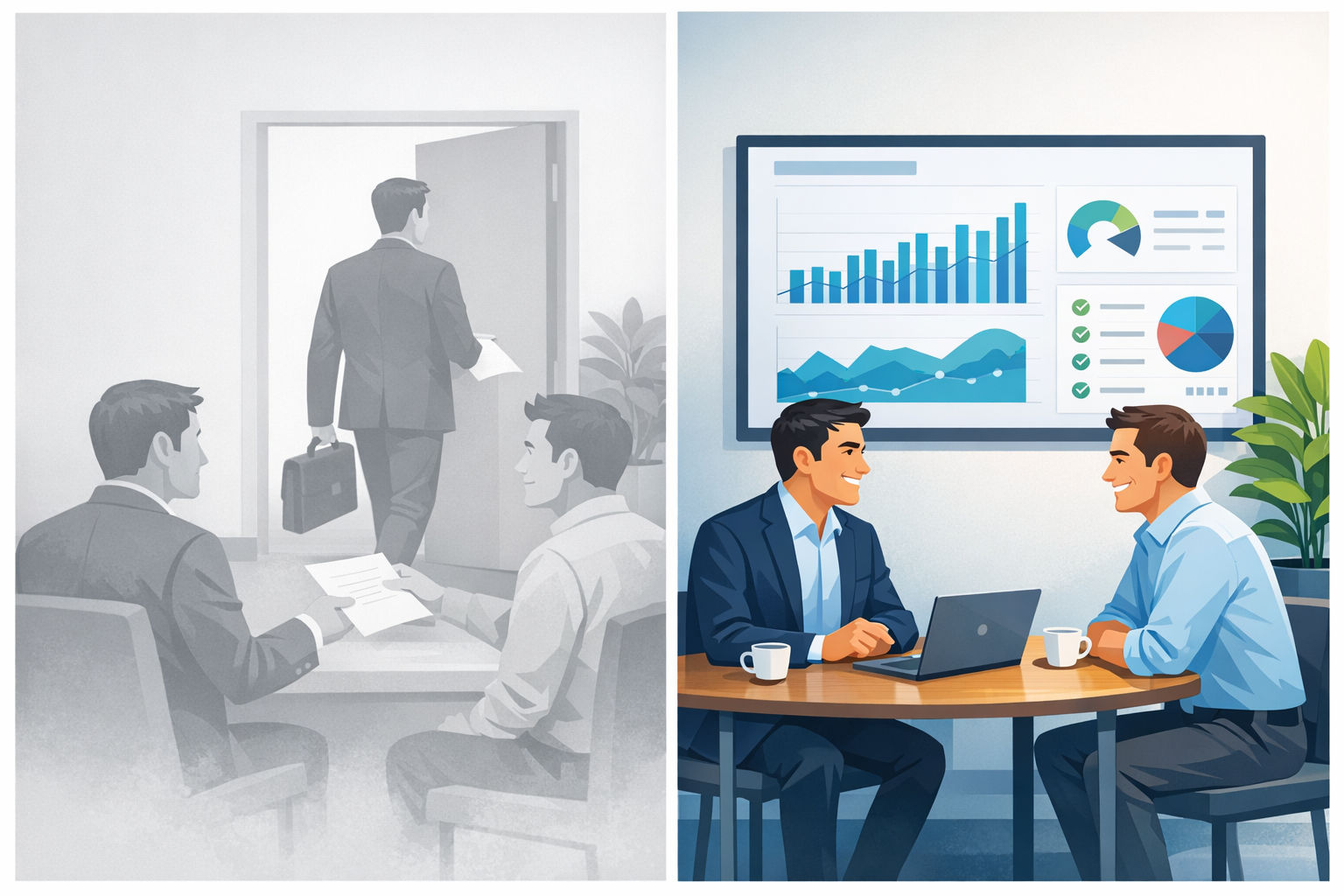 Split-screen illustration contrasting a one-time vendor recommendation handoff where the consultant exits versus an ongoing vendor management engagement where the consultant remains embedded with the client