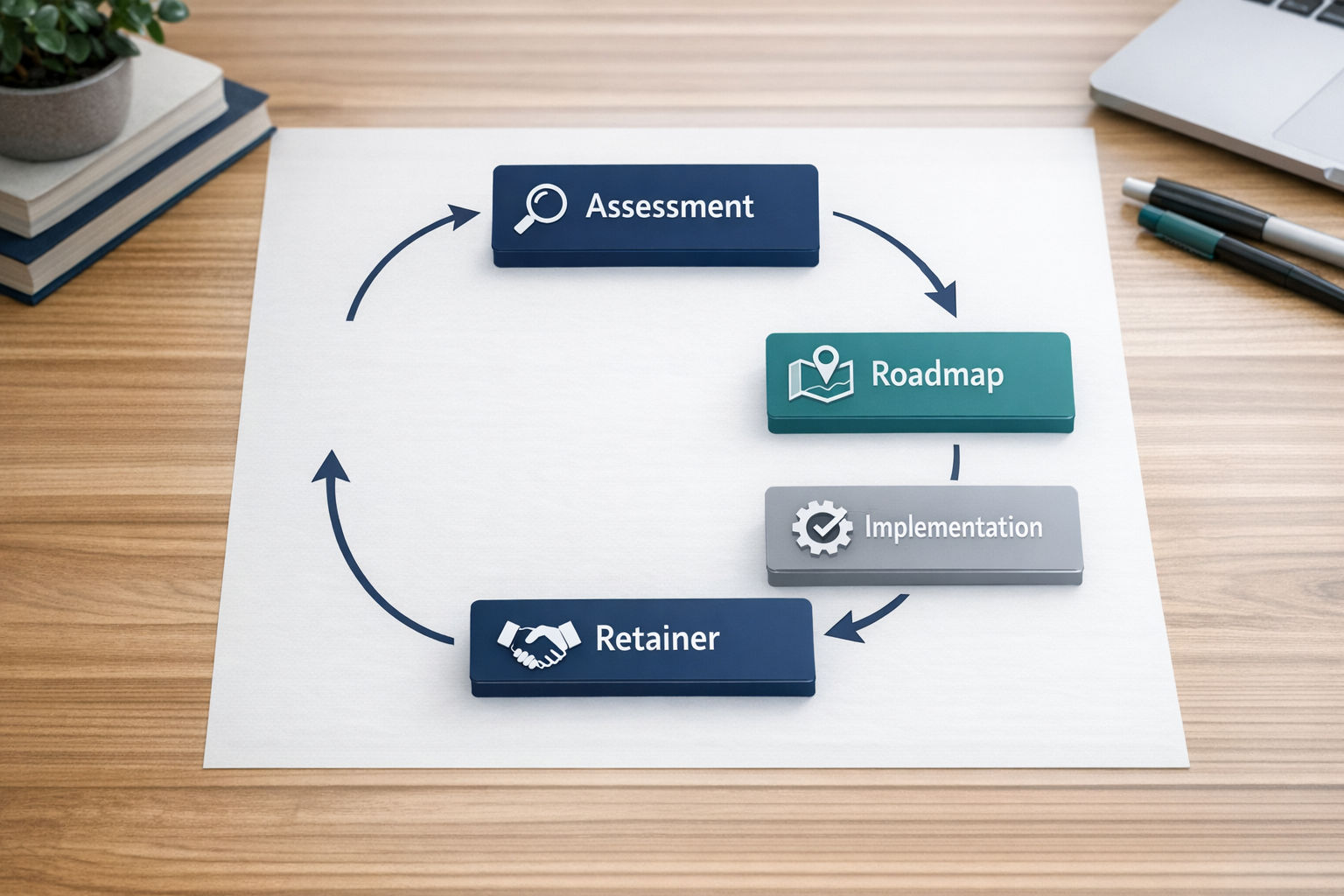 Circular flow diagram showing the four phases of AI consulting engagements: Assessment, Roadmap, Implementation, and Retainer, connected in a continuous cycle.