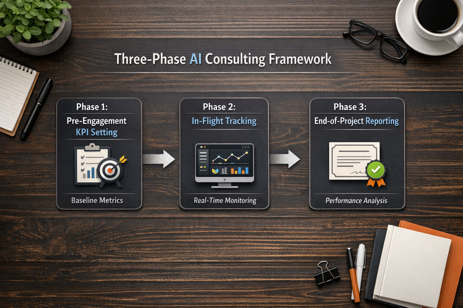 Three-phase AI consulting KPI framework showing Pre-Engagement KPI Setting, In-Flight Tracking, and End-of-Project Reporting phases connected by arrows