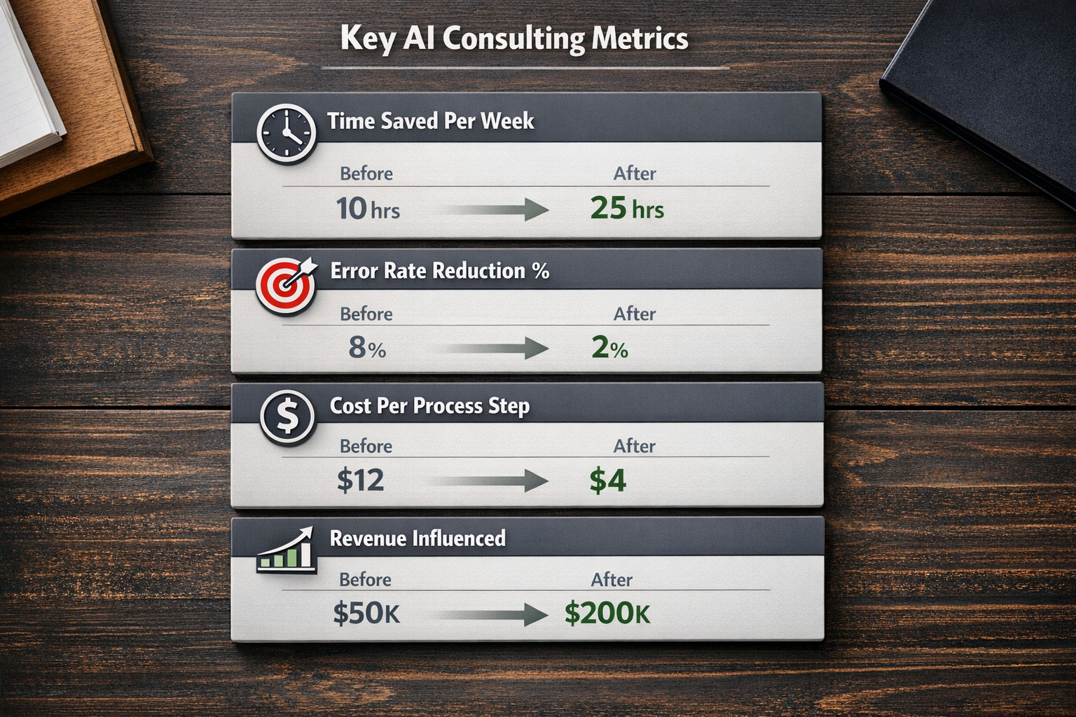 AI consulting KPI stack showing four core metrics: Time Saved Per Week, Error Rate Reduction %, Cost Per Process Step, and Revenue Influenced — each with before and after indicators