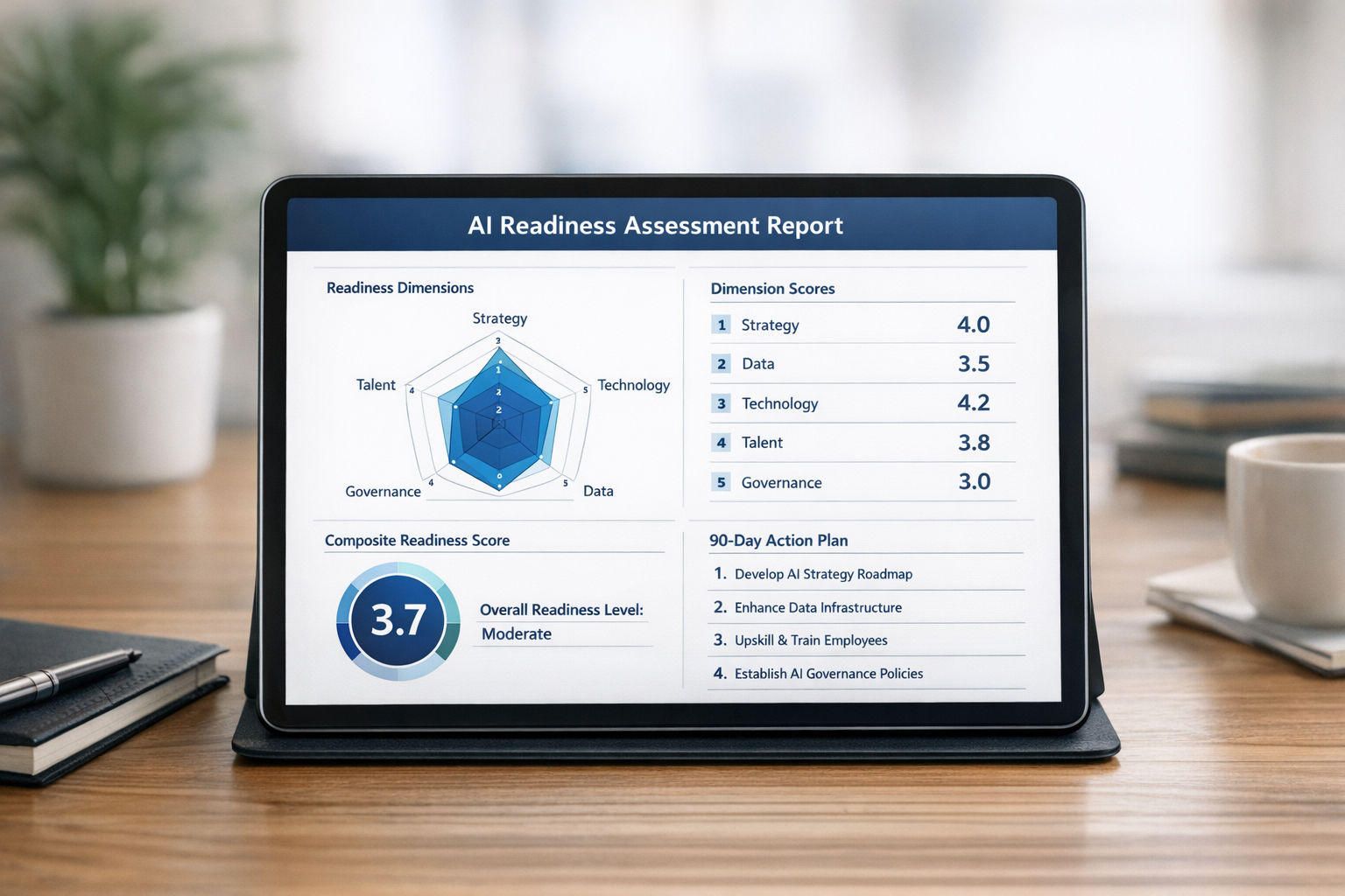 Professional AI readiness assessment report on tablet showing radar charts, dimensional scores, composite readiness score, and prioritized 90-day action plan