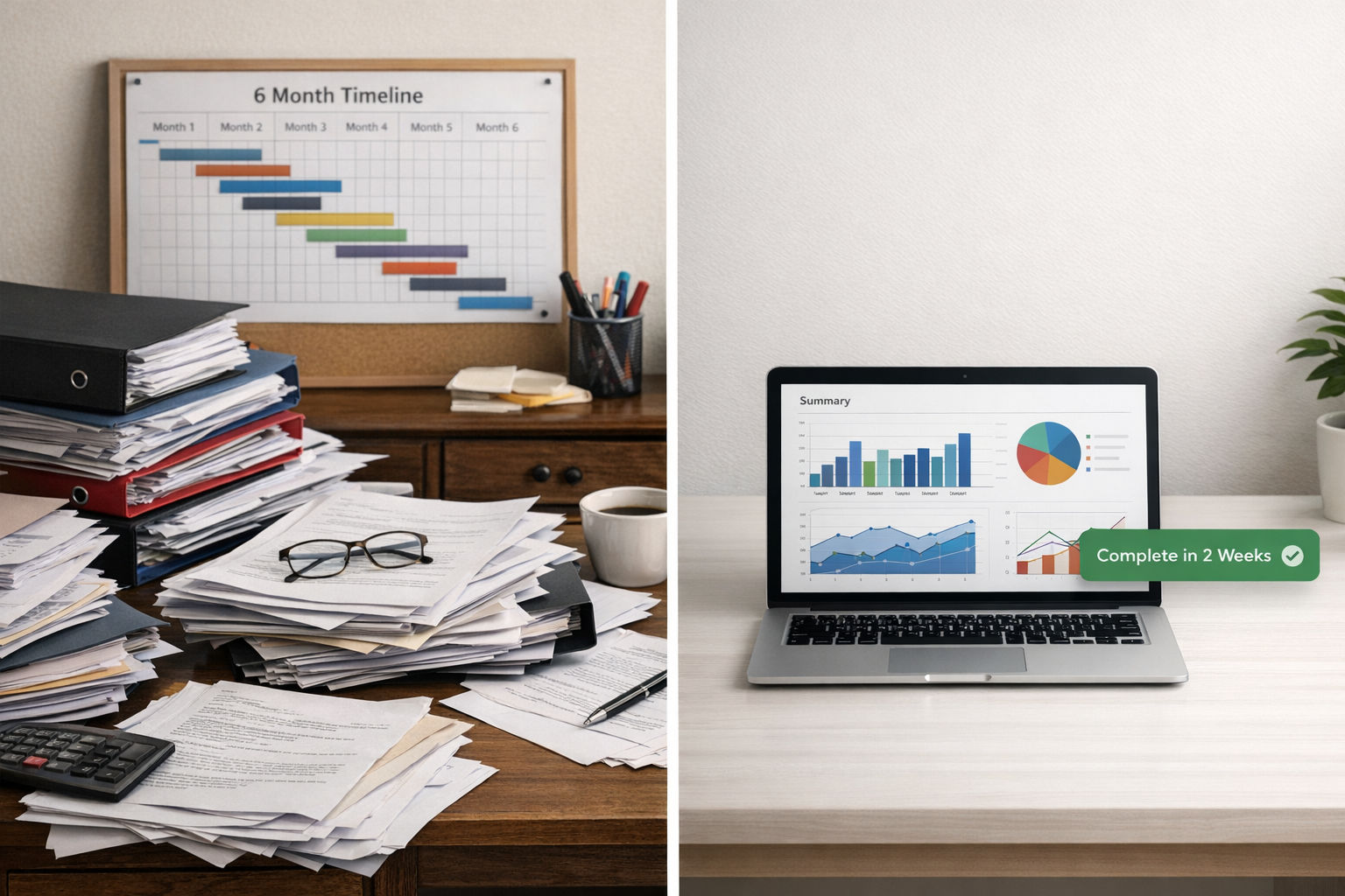 Split comparison: traditional consulting cluttered desk with paper timelines vs AI-native consulting clean desk with AI analysis completed in 2 weeks