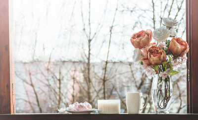 Flowers by a bright window