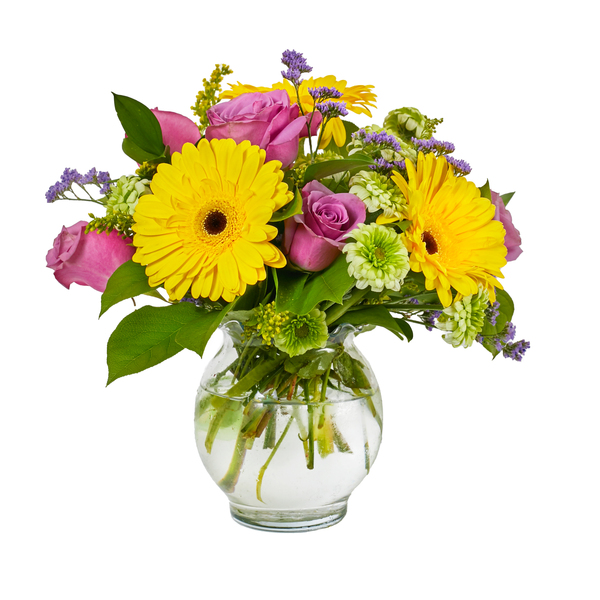 A touch of Purple with Yellow Gerbera and Purple Roses