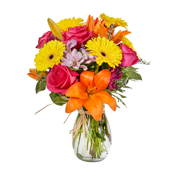 Happy Spring featuring Orange Asiatic Lilies, Yellow Gerbera Daisies and Hot Pink Roses