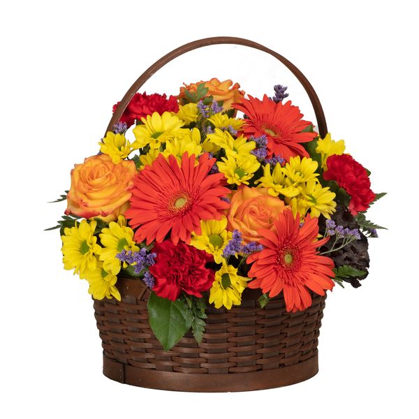 Bountiful Blooms of Orange Gerberas, Red Carnations, Red and Orange Roses, Yellow Daisies in a Brown Wooden Basket