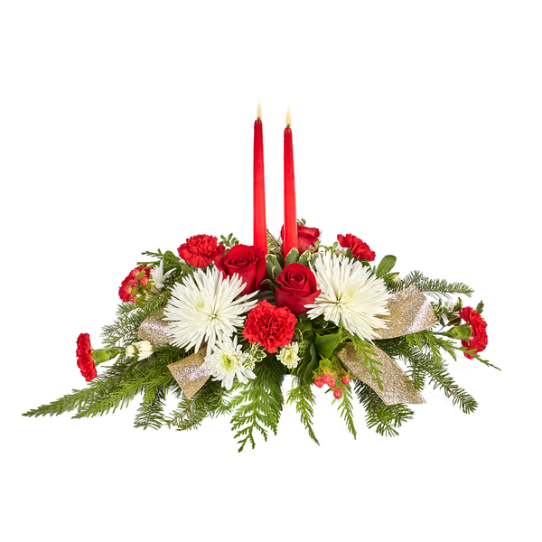Christmas Day featuring White Spider Mums, Red Roses, Red Hypericum Berries, Christmas Greens and Candles