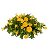 Friendship Never Ends Casket Spray with Golden Yellow Roses, Sunny Yellow Gerbera Daisies and Green and Yellow Mums