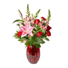 True Romance features Pink Stargazer Lilies, Red Roses, Pink Snapdragons, Red Carnations and Pink Alstroemerias