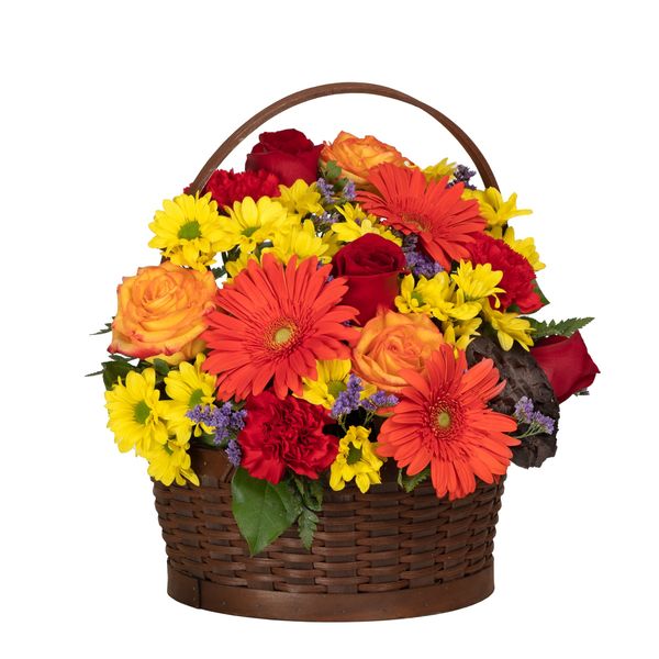 Bountiful Blooms of Orange Gerberas, Red Carnations, Red and Orange Roses, Yellow Daisies in a Brown Wooden Basket