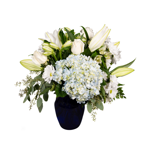 Cool Blue Hydrangea and Lily Arrangement