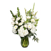 Loved And Honored features White Hydrangea, Beautiful White Cremones with White Carnations and Creamy Roses