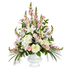 Sweet Dreams Sympathy Tribute holds Pink Snapdragons, Soft Pink Carnations, White Cremones, and Pink Alstroemerias 