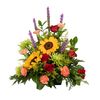 Sunshine Days with Beautiful Sunflowers, Purple Liatris, Yellow Solidago, Green Fuji Mums, Red Roses and Orange Carnations