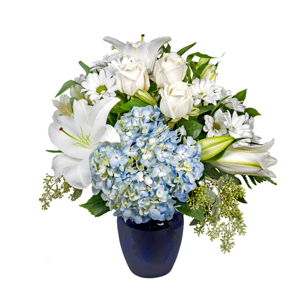 Cool Blue Hydrangea and Lily Arrangement