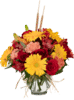 Shades of Fall with Yellow Gerbera Daisies, Orange Carnations and Fiery Red Roses