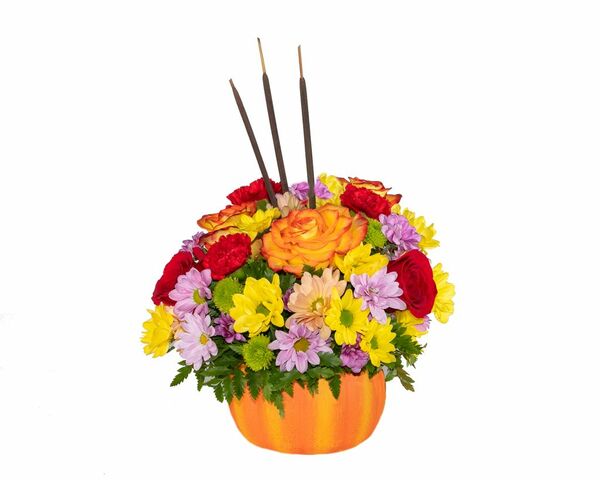 Perfectly Pumpkin featuring Orange Roses, Purple Daisies, Yellow Daisies in a Ceramic Pumpkin