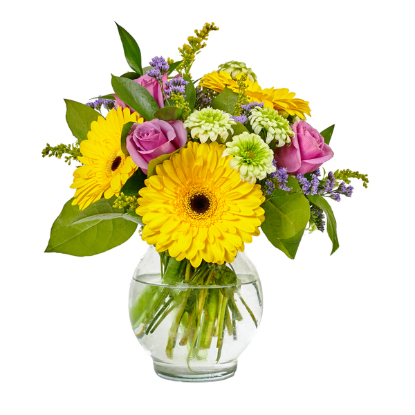 A touch of Purple with Yellow Gerbera and Purple Roses