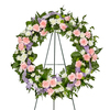 Sweet Dreams Sympathy Wreath - Soft Pink Carnations and White Mums accented with a Purple Ribbon