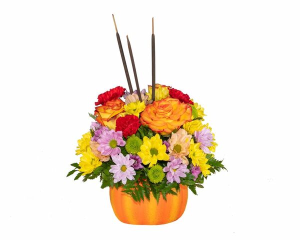 Perfectly Pumpkin featuring Orange Roses, Purple Daisies, Yellow Daisies in a Ceramic Pumpkin