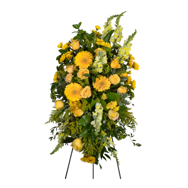 Friendship Never Ends Standing Spray holds Golden Yellow Roses, Sunny Yellow Gerbera Daisies and Green and Yellow Mums