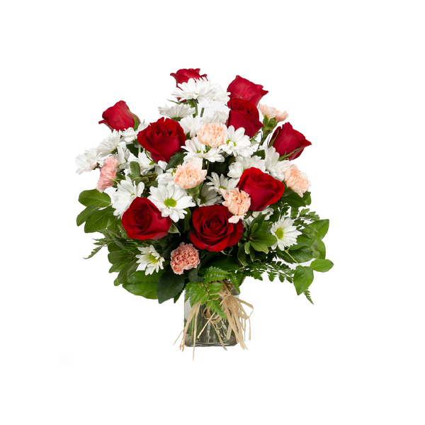 Red Roses Bouquet with Beautiful Pink Ribbon Around