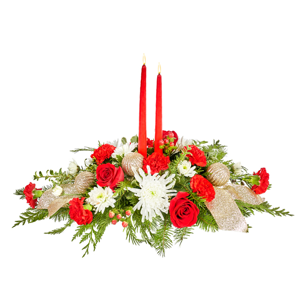 Christmas Day featuring White Spider Mums, Red Roses, Red Hypericum Berries, Christmas Greens and Candles