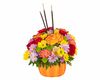 Perfectly Pumpkin featuring Orange Roses, Purple Daisies, Yellow Daisies in a Ceramic Pumpkin