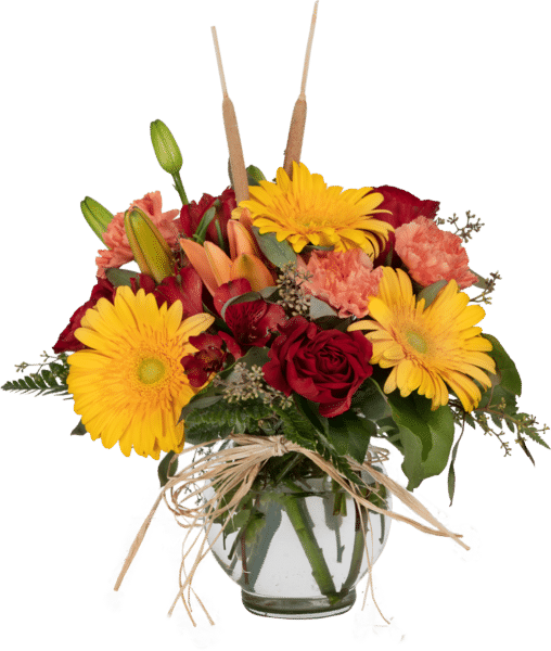 Shades of Fall with Yellow Gerbera Daisies, Orange Carnations and Fiery Red Roses